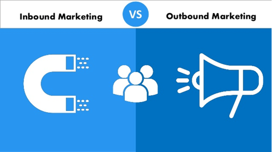 Inbound Marketing vs. Outbound Marketing icons on a blue background