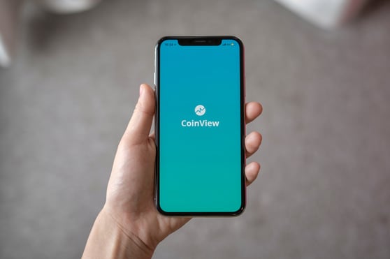 Image of Coinview app open on phone held by hand.